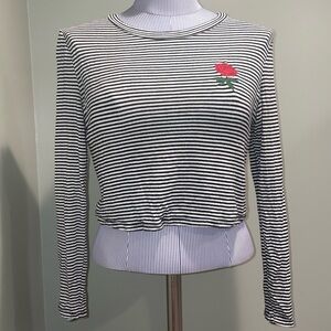Rebel Society Black and White Striped Long Sleeve Crop Top with Flower